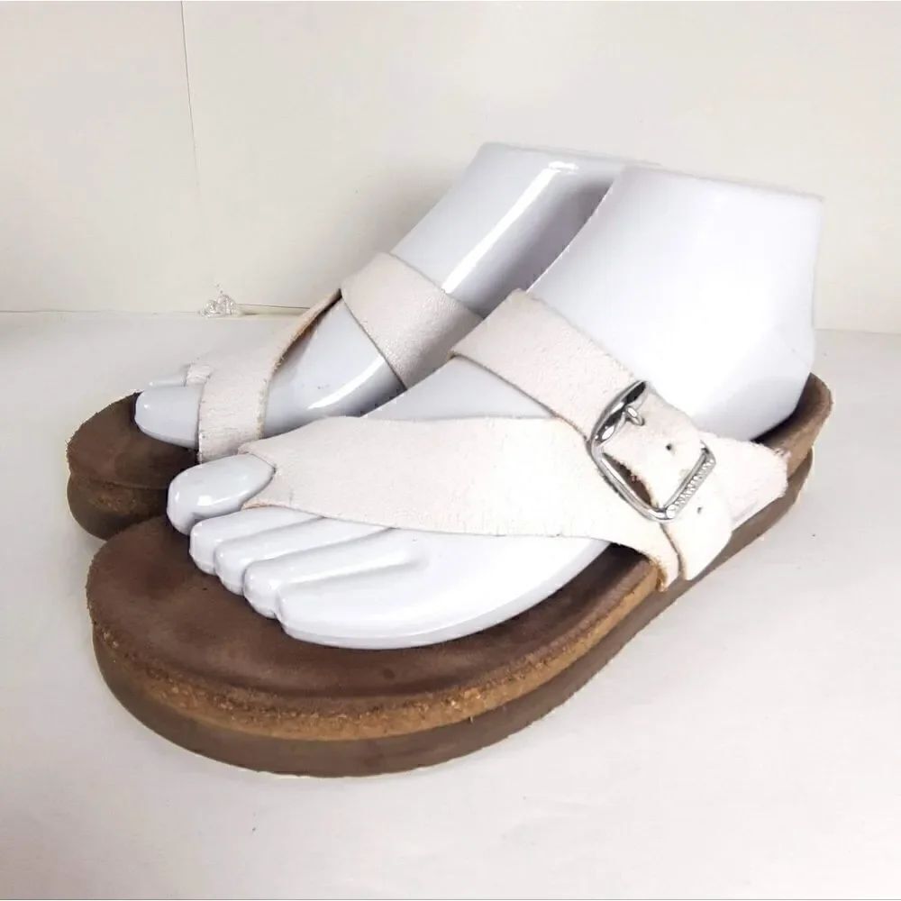 Mephisto women's Helen US6,5 EU37 White Leather Cork Slip On Toe Loop Sandals